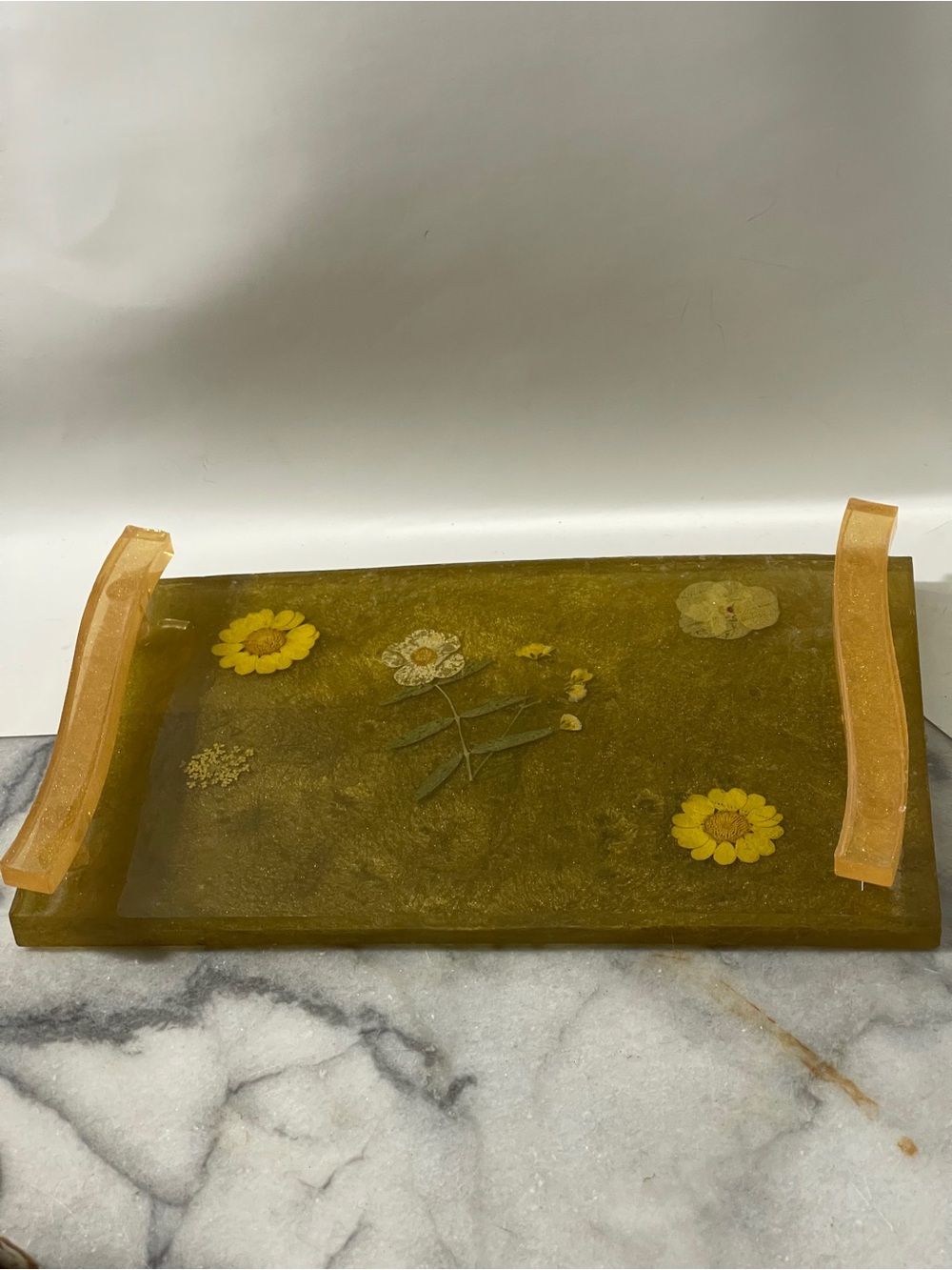 Vintage Tray Lucite Acrylic Botanical Floral Inlay Makeup Jewelry Trinkets 9.5”